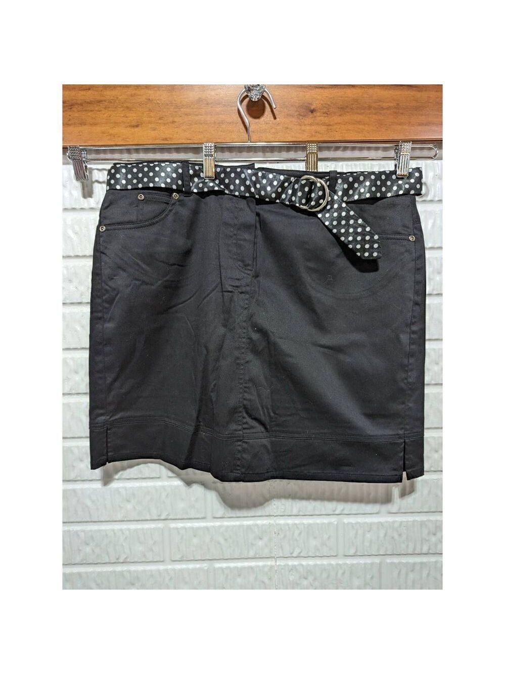 Bamboo Trader Size 14 Black Stretch Denim Skirt with Polka Dot Belt